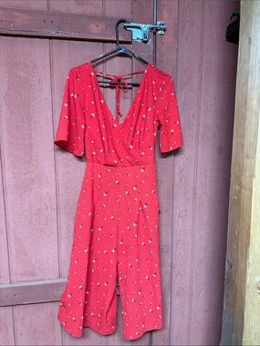 Trixxi Red Floral Midi Wrap Jumpsuit Dress with Tie-Back